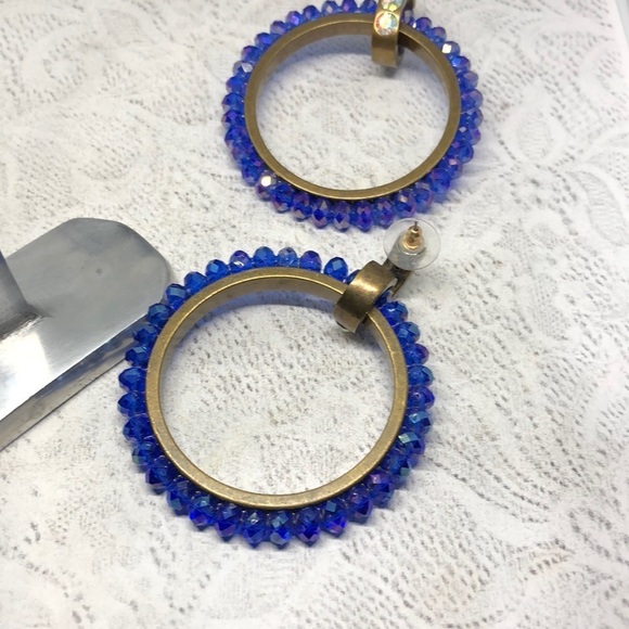 Big circular hoops dazzling blue glass crystal brass statement earrings-hefty. - Picture 5 of 6